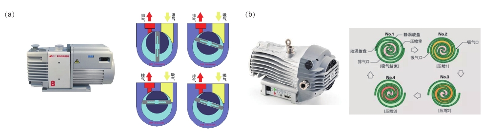 圖1真空泵及其工作原理簡介。(a)油泵實物圖及其油泵工作原理圖。(b)干泵實物圖及其工作原理圖。
